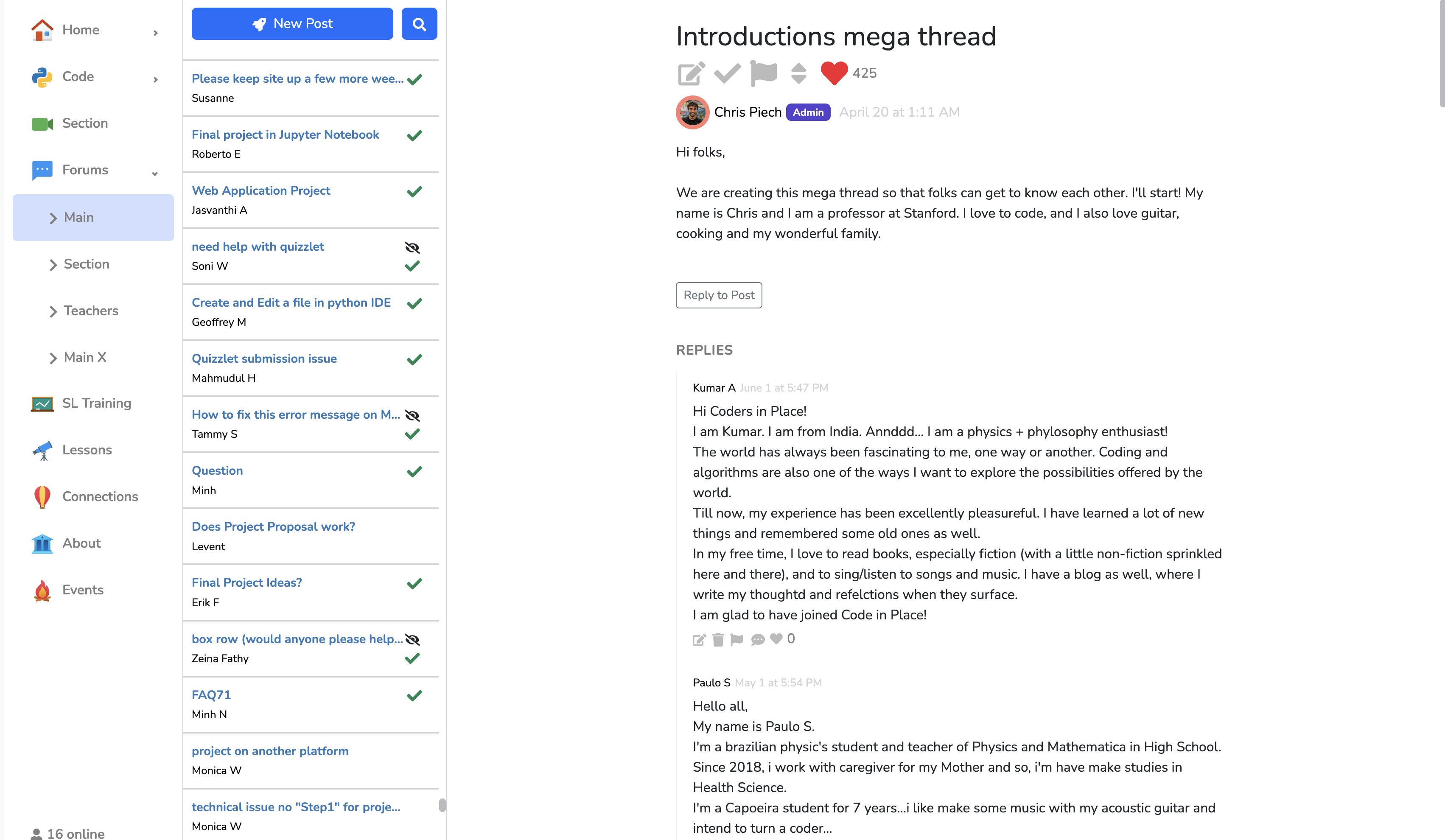 Screenshot of a social platform interface with a post by someone announcing a part-time job as a coding instructor. The post is in the 'General' section, has a love reaction, and several views. There are congratulatory comments below the post.