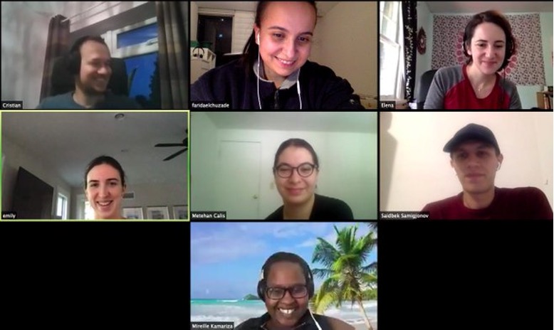 A screenshot of seven smiling people on a video call during a Code in Place section meeting.